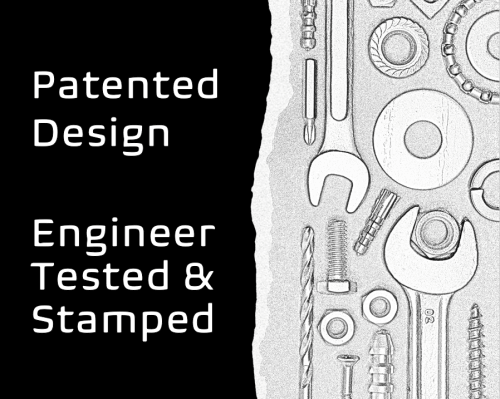 text in white font on black background: "patented design" | "engineer tested & stamped" on the left side and on the right side it is a stylized black and white image of washers, screws, gears, wrenches